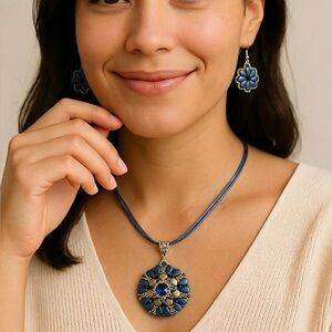 Chic Blue Floral Pendant Necklace Set